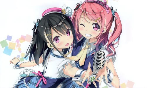 Konachan.com 231637 2girls black hair blush calendar hat headphones kantoku microphone original pink