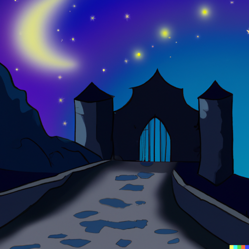 DALL·E 2023 03 24 08.58.46 castle, starry sky, spooky, stone path, gate, moon