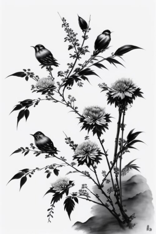 28181 4176073433 no humans, bird, branch, monochrome, chinese text, greyscale, tree, animal focus, w