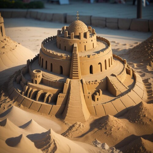 00007 639716000 a (sandsculpturecd, sand) fort, building model, (solo 1.2), standing in sandbeach, ,