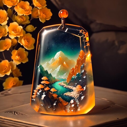 00089 2755503902 a (orange jadeite 1.3, transparent 1.3) rectangle pendant, carved with mountains an