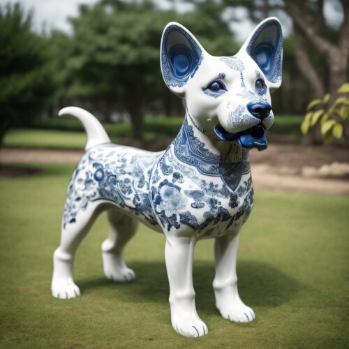 00343 3002441787 a (bwporcelaincd, porcelain, shiny) dog, (solo 1.2), standing in lawn, , no humans,