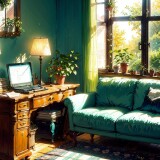 14513-46185244-living-room-couch-window-curtains-dappled-sunlight-potted-plant-table-cabinetbookshelf-paper-desk-lamp-typewriter