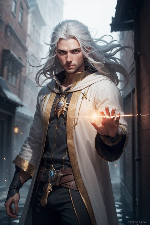 00487 3314572636 photorealistic photo of a handsome young male wizard, white wizard shirt with golde