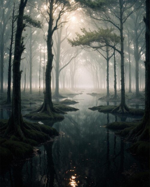 3978526506 5775671 A murky swamp with twisted trees rising from the water, Hue, window light, spotli