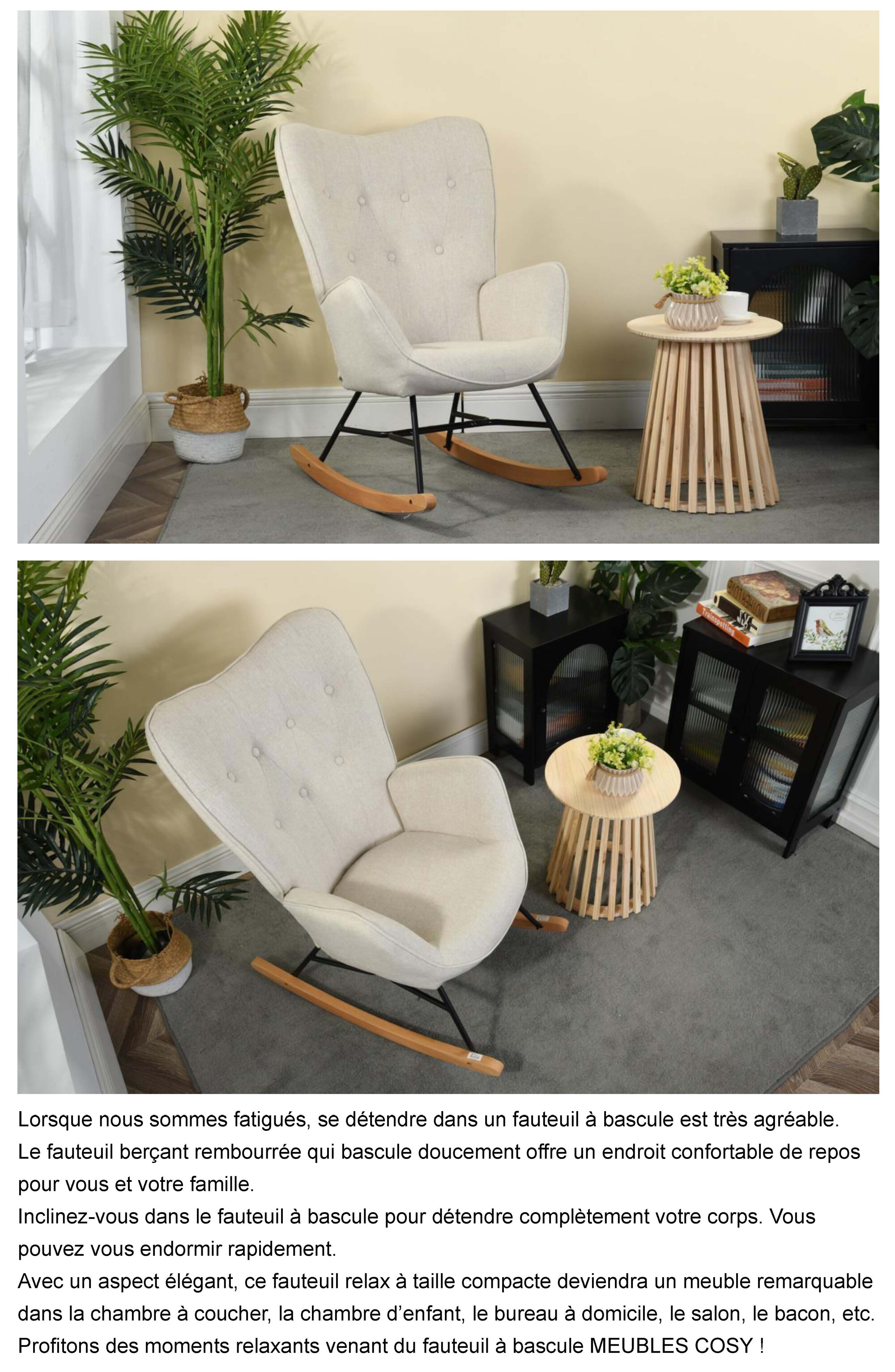 Fauteuil à bascule allaitement scandinave chaise loisir et repos en tissu  avec pieds en e' bois métal pour salon, chambre, Beige - Conforama