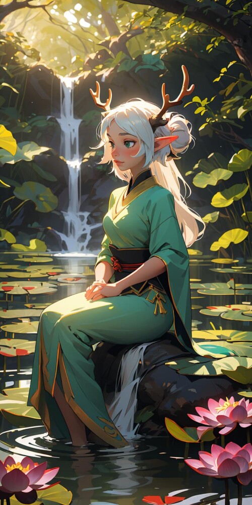 01599 4045089706 (masterpiece, best quality), 1girl, elf, misty forest, sitting, in water, waterfall