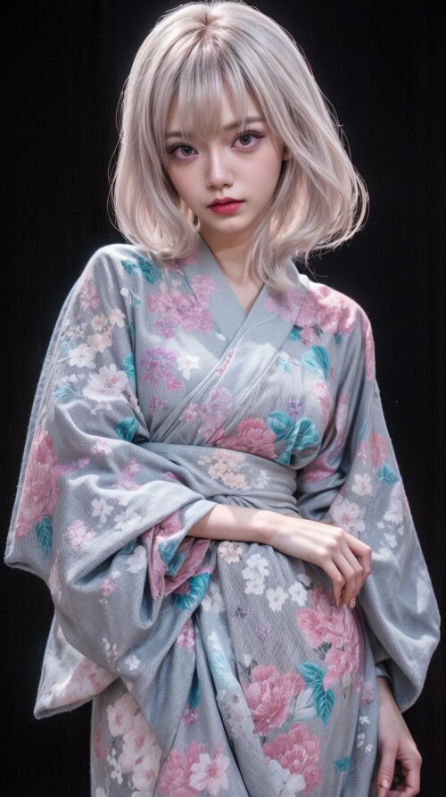 00136 3601783733 1girl, solo, kimono, japanese clothes, multicolored hair, black background, bangs, 