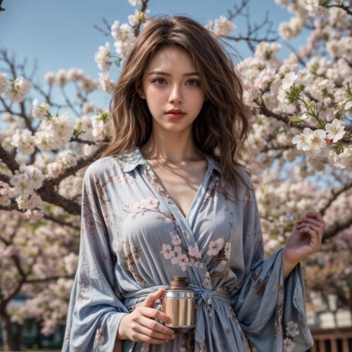 00143 4050514558 1girl, solo, brown hair, cherry blossoms, brown eyes, outdoors, holding, looking at