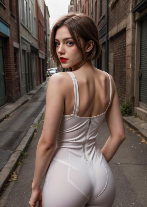 01466 1519295104 A photo ((portrait)) of a young, nerdy woman standing in a back alley, looking at t