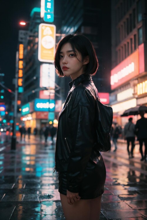 11359 2900681490 analog style photograph of woman standing alone in the rain silhouetted by neon lig