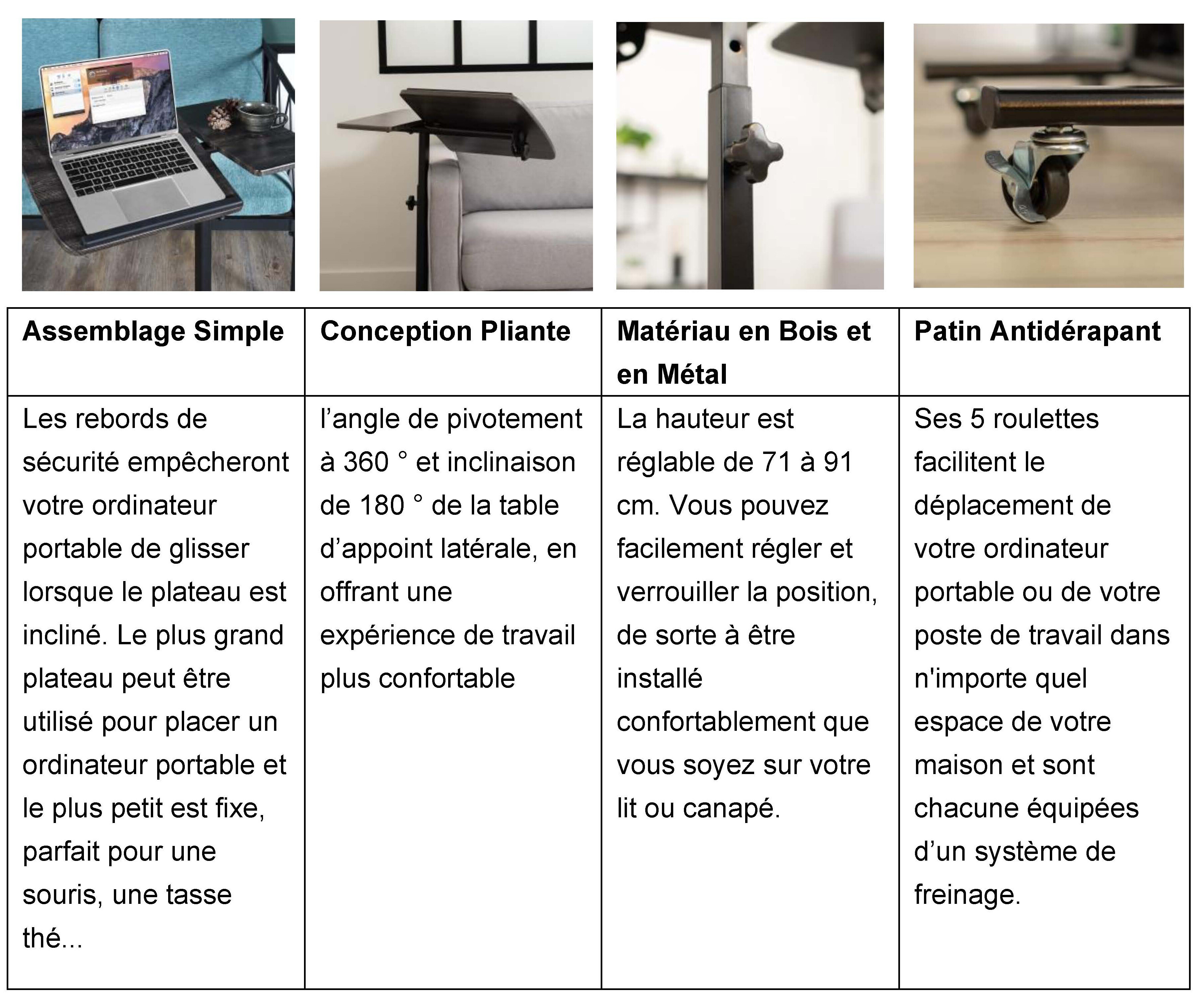 Table de Lit pour Ordinateur Portable Hauteur Réglable 5 roulettes  Verrouillables Support Pliable Bureau PC Blanc et Bois - Conforama