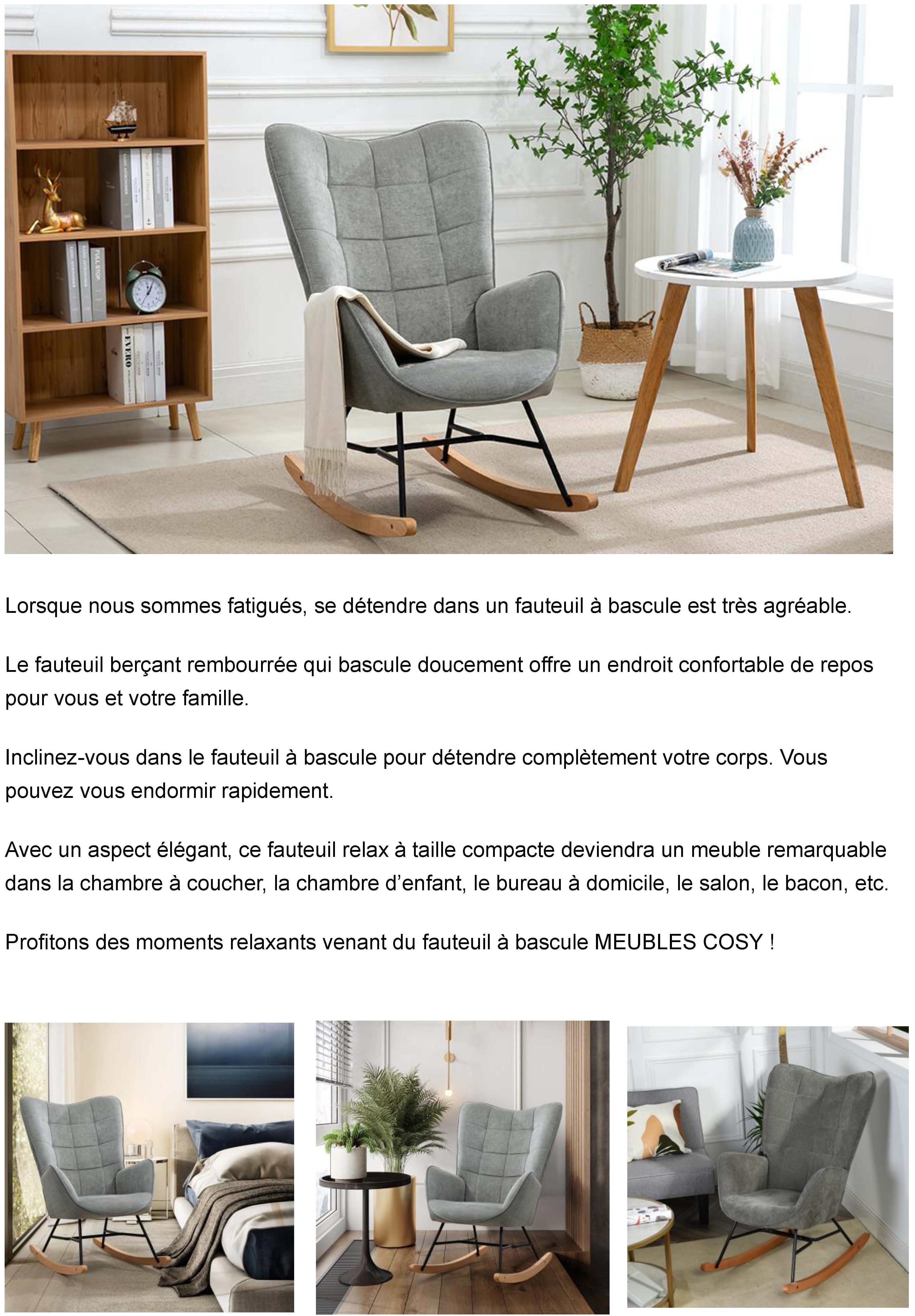 Fauteuil à bascule allaitement scandinave chaise loisir et repos en tissu  avec pieds en e' bois métal pour salon, chambre, Beige - Conforama
