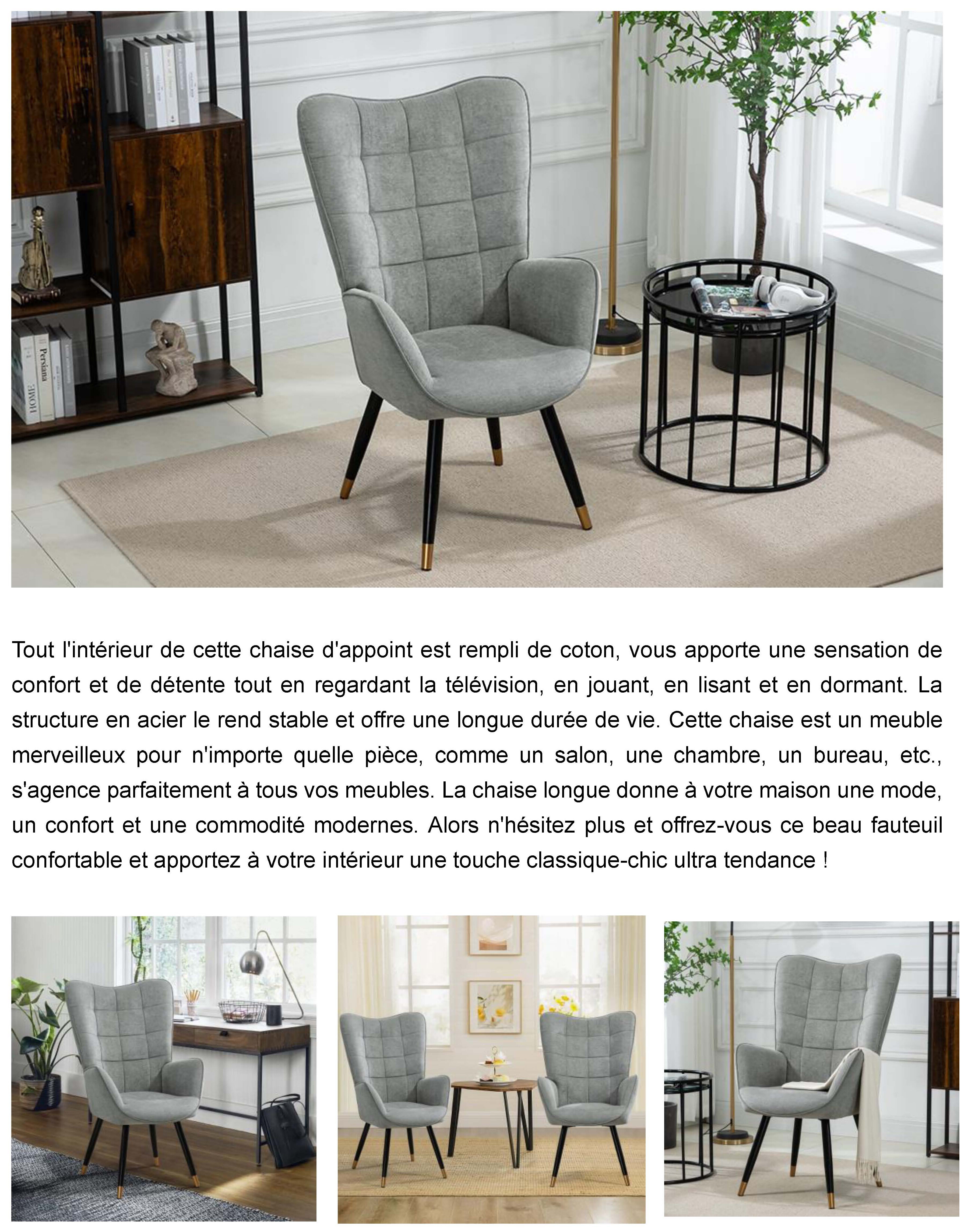 Fauteuil scandinave chaise pivotant pour bureau salon chambre avec un  revêtement en velours des accoudoirs rembourés, métal, gris, 70*80*100cm -  Conforama