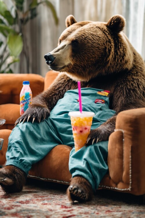 02372 2818936237 a bear sitting on a couch watching tv, drinking a slurpee