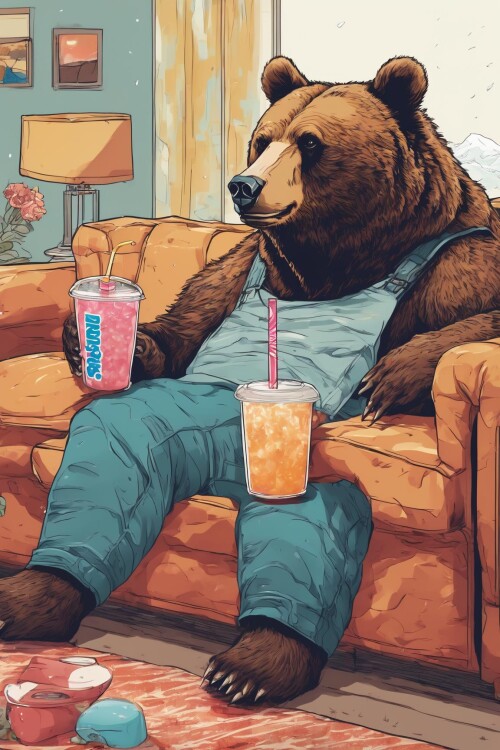 02373 2818936237 a bear sitting on a couch watching tv, drinking a slurpee