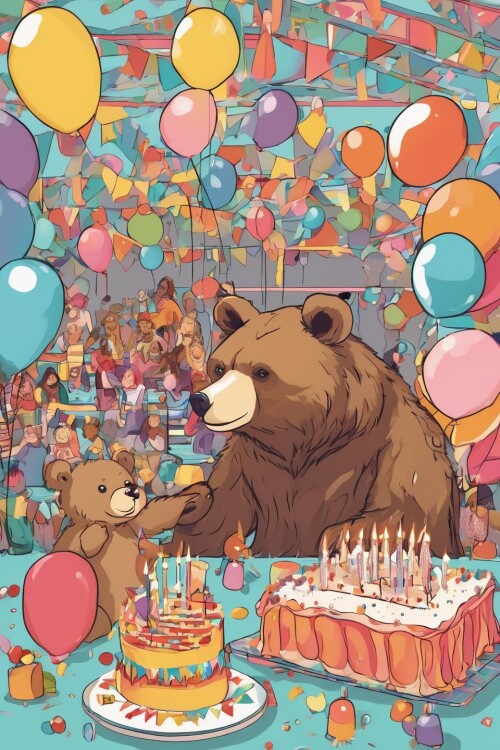 02395 334979273 a bear having a birthday party at a roller rink, about to blow out candles, balloons