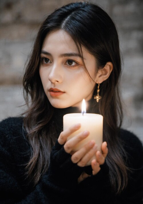 24893 3753132318 xxmix girl,,a woman with long hair and a black sweater is holding a candle in her h