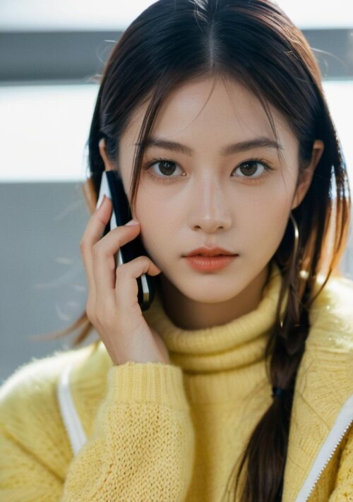 25252 3426691999 xxmix girl,a close up of a person with a yellow sweater on and a cell phone in hand