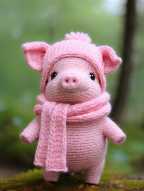 04995 3354006858 BJ Sewing doll,pig,solo,hat,standing,outdoors,scarf,blurry,black eyes,no humans,dep