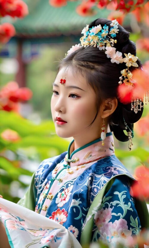 24241491 1945781955 An artistic photograph capturing a young girl dressed in exquisite Qing Dynasty 