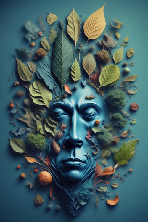 00120 1055765914 lora Surreal Harmony 1 Surreal Harmony a stylized image of a leaf man head with a l