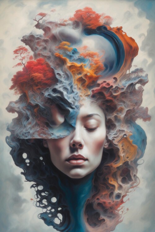 00126 128719570 lora Surreal Harmony 1 Surreal Harmony a painting of a woman's head surrounded