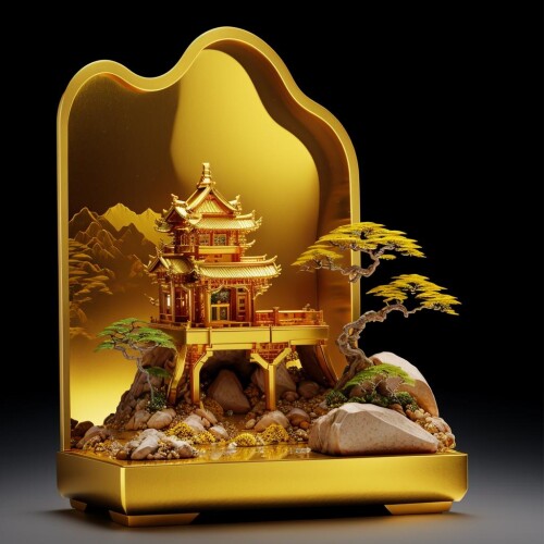 09467 3949930520 photorealistic,realive,miniature,golden bonsai,golden independent building,nature,n