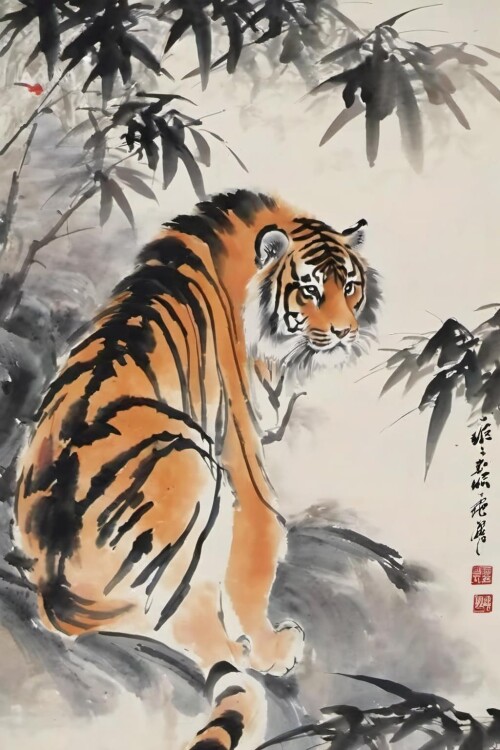 00495 2739212848 chinese ink painting, traditional media, liujiyou,tiger, forest, no human lora liuj