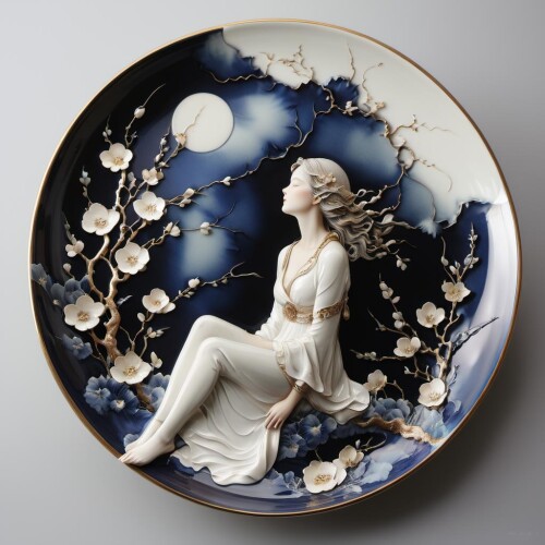 16597 2107376705 arien porcelain,plate porcelain that A woman under the moon lora sdxl 自定义瓷器创意画 1 (1