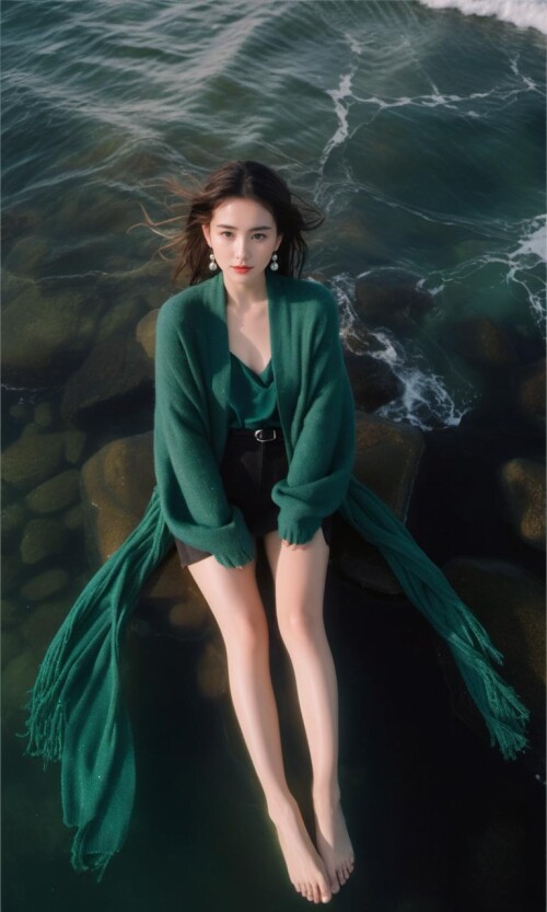 00793 869609452 8K,raw,from above,1gril,solo,full body,long legs,sweater,Dark green scarf,sea,The gl