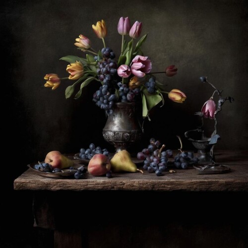 00941-2438681807-_lora_SDXL_black_and_color_Sa_May_1_-Dutch-still-life-with-g-pears-grapes-tulips-wooden-table-old-painting.jpg