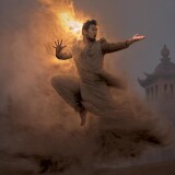 00056-3626542433-brown-powder-explosionfrom-below-shot-of-a-asian-man-wear-a-grey-ancient-China-long-gown-floating-in-airfighting-stancefull