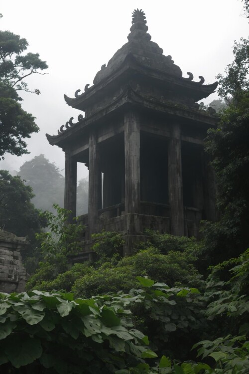08719 3200736024 horror themed a dense tropical rainforest,with an ancient temple visible in the dis