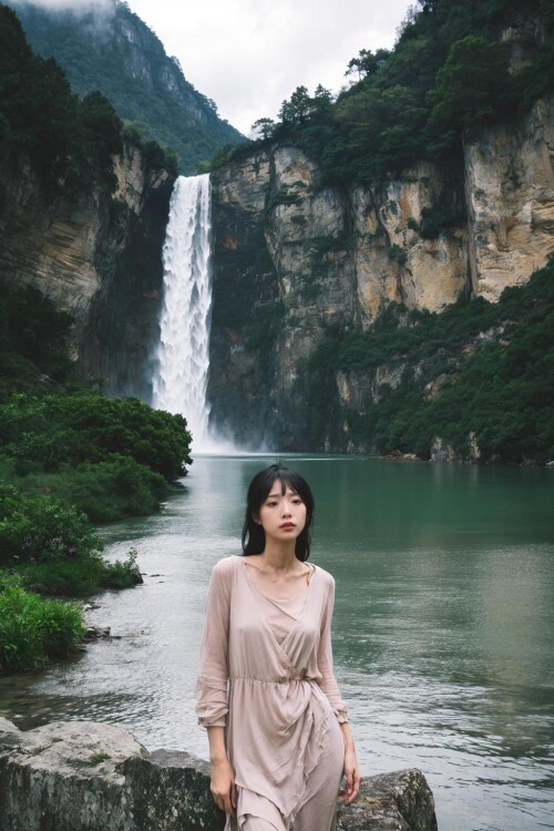 08853 2320012054 Beneath a towering cliff,a woman stands with a cascading waterfall behind her. The 