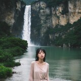 08853-2320012054-Beneath-a-towering-cliffa-woman-stands-with-a-cascading-waterfall-behind-her.-The-weather-is-overcastcasting-the-scene-in-a-pa