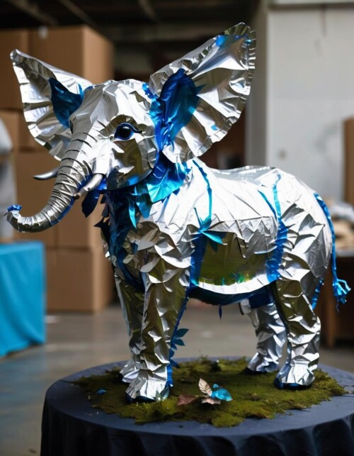 PixelWave05SC231125231125112434 A tinfoil elephant with a tinfoil trunk tin 00379 