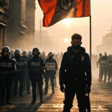 606247209521970558-310165149-leogirl-realistic-photography-A-lone-man-stands-defiantly-in-front-of-a-line-of-riot-police-bathed-in-the-golden-hour-light